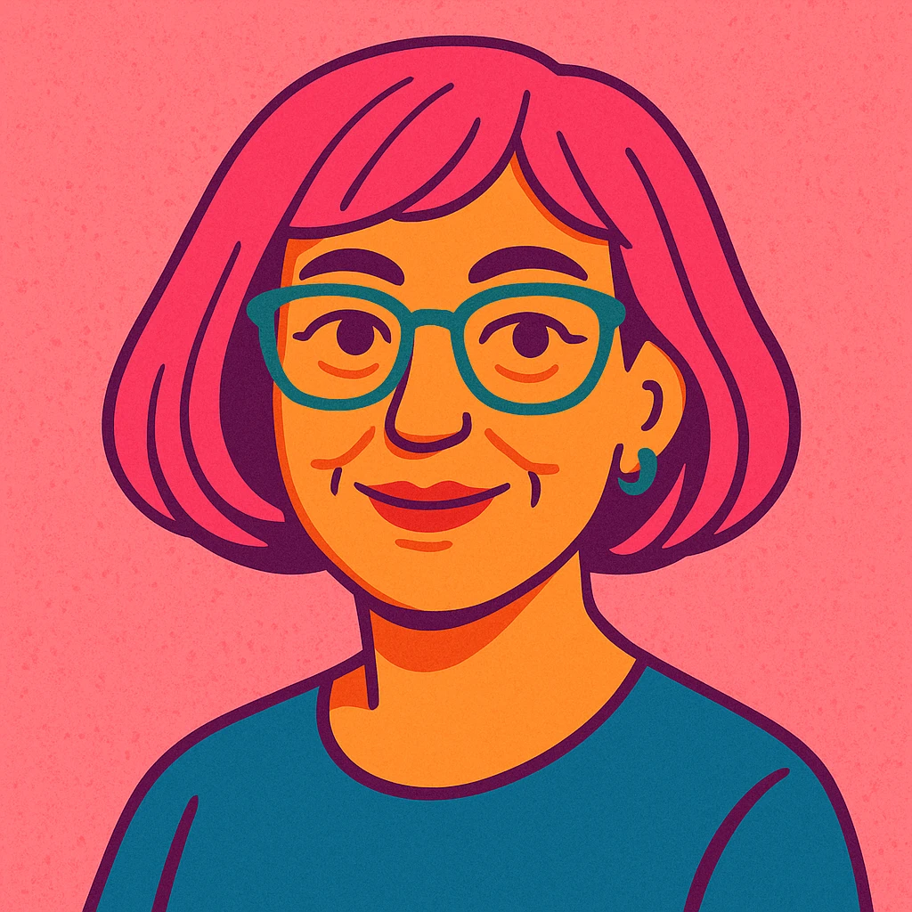 Middle-aged female, pink bob hair, pink salt background, approachable and stylish emoji