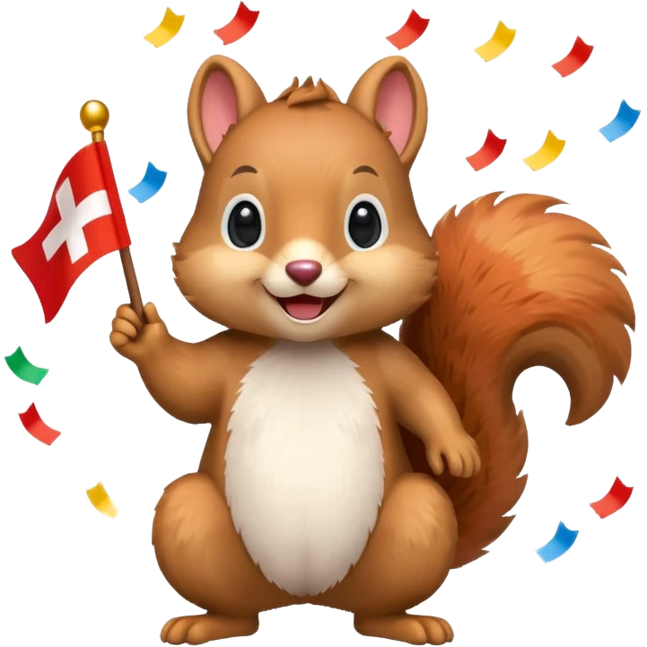 playful squirrel surrounded by confetti, waving a Swiss flag, emoji style emoji