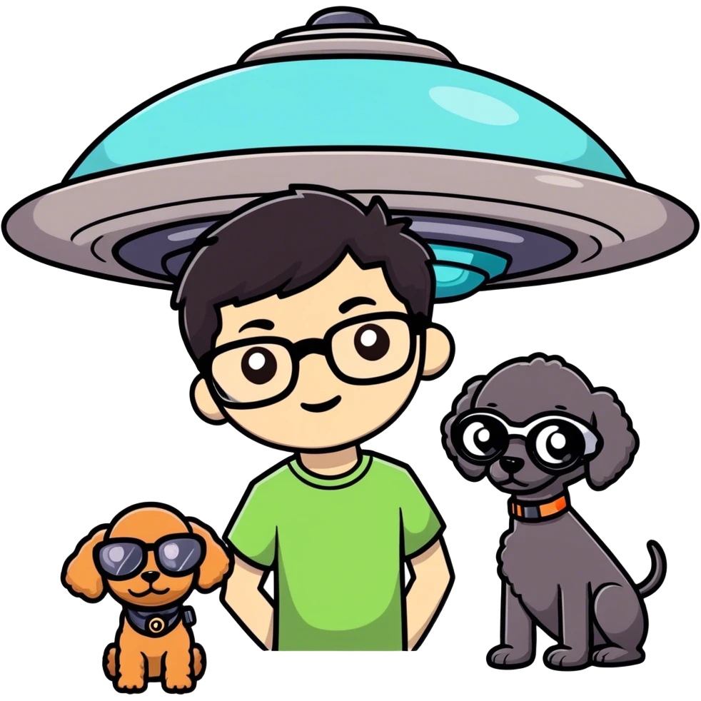 A little boy with straight black medium-length hair, white skin, and black eyes wearing black-framed glasses is taking photos on a UFO with a camera. Beside him, there is an alien and a brown round-headed poodle. emoji