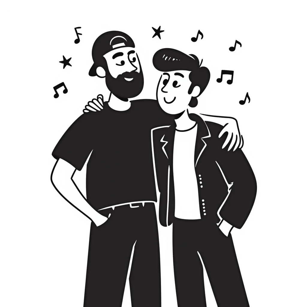 Two male musicians side by side with one arm over the other's shoulder: a 35-year-old with stylized beard, backwards cap, rocker style, and a younger 25-year-old musician, both smiling. Music notes and stars around them. Other band members celebrating in the background. emoji