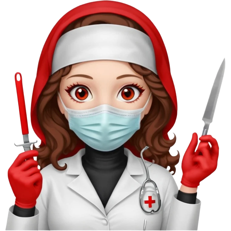 


Scary woman scalpel in hand, evil surgeon sexy surgeon clothes.  She has redcolored  eyes. Her  hair only is free ne brown long curly hair. Wears sexy doctor outfit with red gloves. make her wear full Muslim burka to mask and nose mouth mask  to hide. Wears white surgeon coat, wears  stilettos emoji