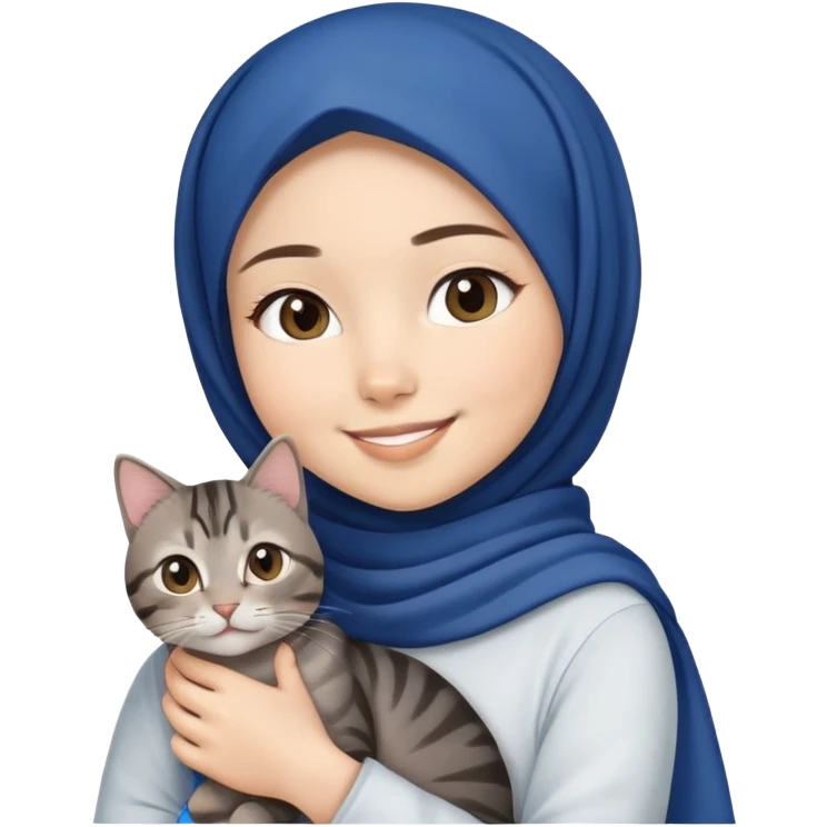 Asian white Girl wearing dark blue hijab with white shirt smiling while holding a black brown grey tabby cat emoji