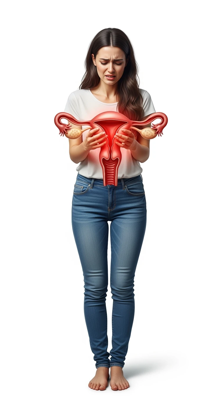 donna a figura intera con utero umano realistico in 3d in evidenza dolorante, espressione di dolore in volto, sfondo bianco, non farla computerizzata, ma iperrealistica 4k emoji