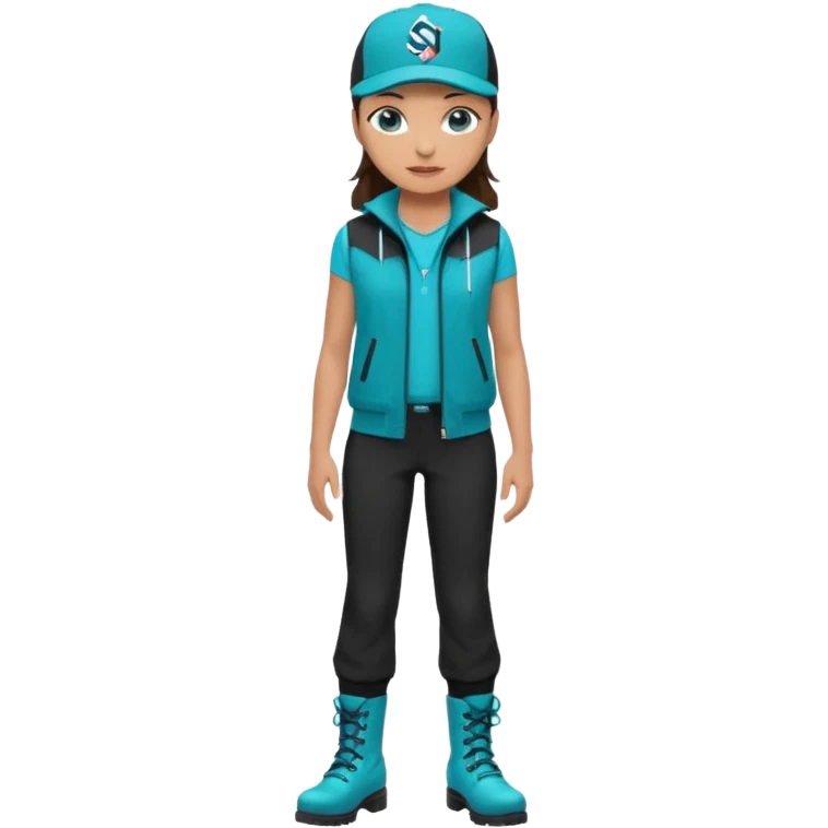 A landscaper in a beautiful turquoise jacket and turquoise boots, black pants, and a black sleeveless shirt. On his head is a black Swissotel baseball cap. The girl is a brunette with blue eyes. emoji