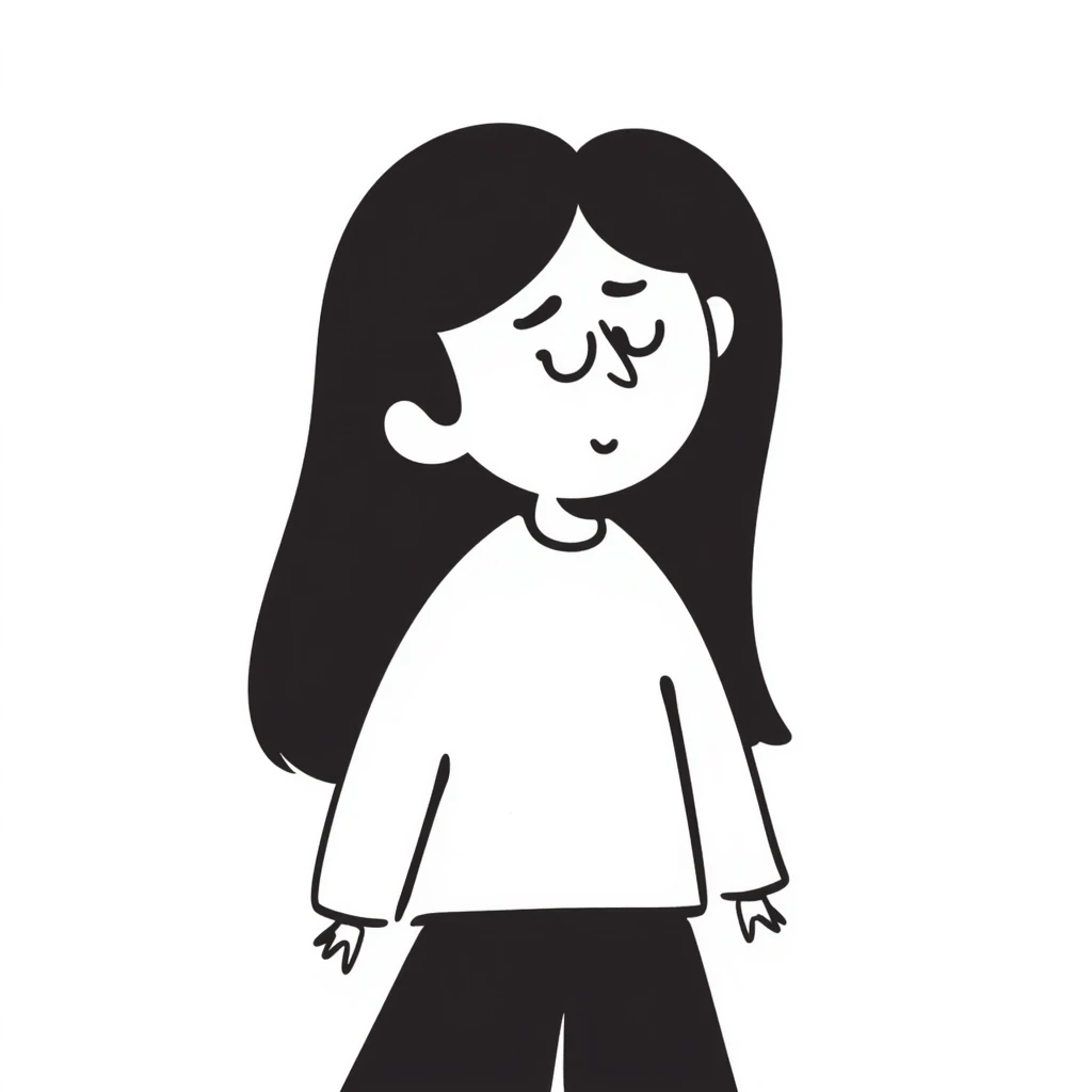 pale girl with long black hair, sad expression, emotional, different artistic interpretations, hand drawn doodle style emoji