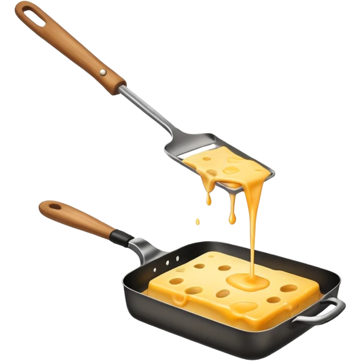 Emoji of raclette cheese being scraped with a metal spatula, melted cheese flowing, warm golden colors, modern emoji style, clean outlines, transparent background emoji