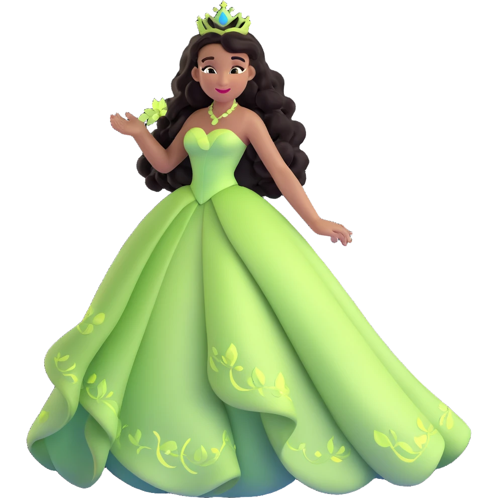 Disney Princess Tiana with extremely long black curly hair flowing down, 2c-3b curl pattern emoji