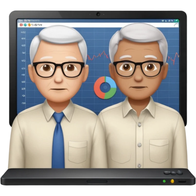 teaching somebody else in person, in the same place, watching the same monitor together, the trainee and trainer are in the similar age, two both are men, the monitor should be showing some data graphs emoji