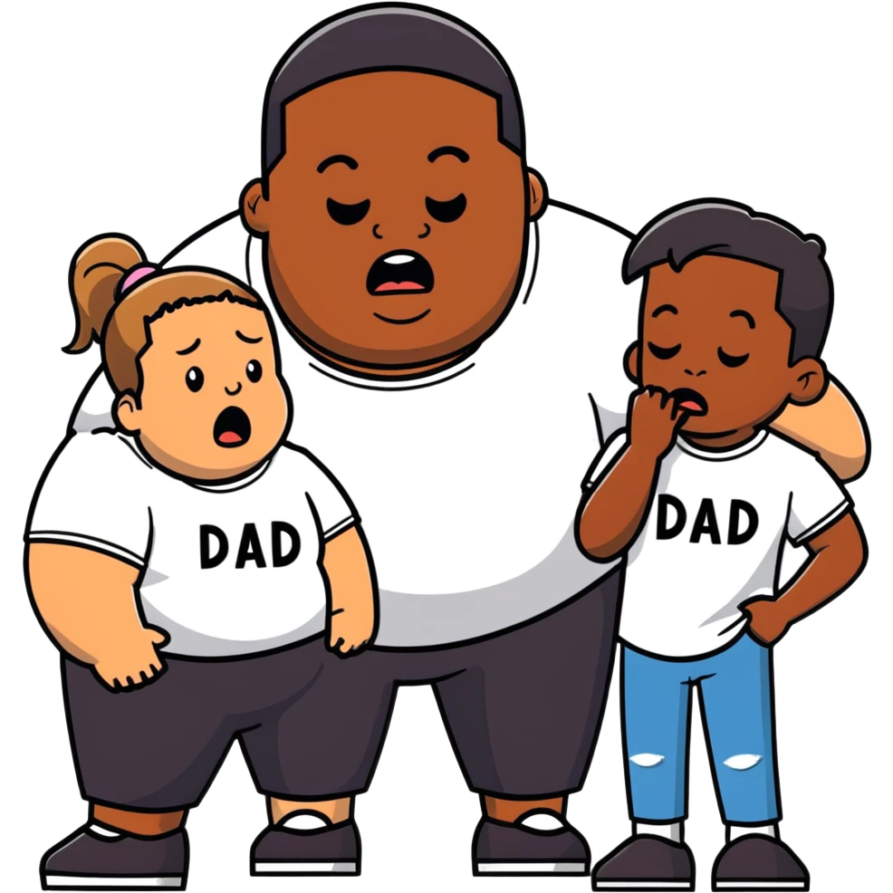 A fat short guy in a black hoodie with a ponytail is crying. Behind him are two black men, one wearing a white t-shirt with "MOM" text, the other wearing a white t-shirt with "DAD" text. emoji