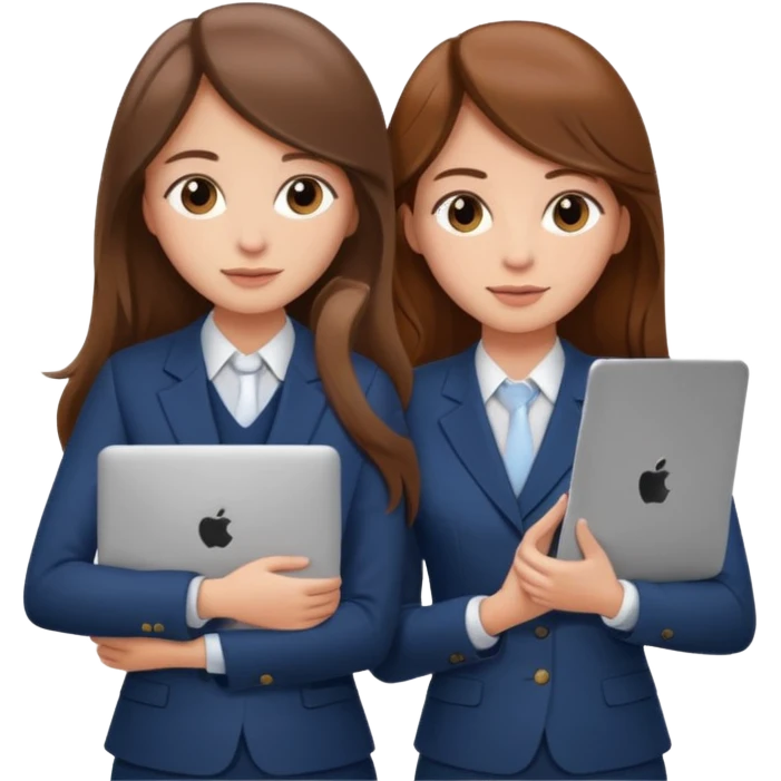 two brown haired girls, looking professional maybe leaned on each others back and looking forward and using phones, with long hair and one girl can hold lap top another one can hold the phone, professional clothes emoji