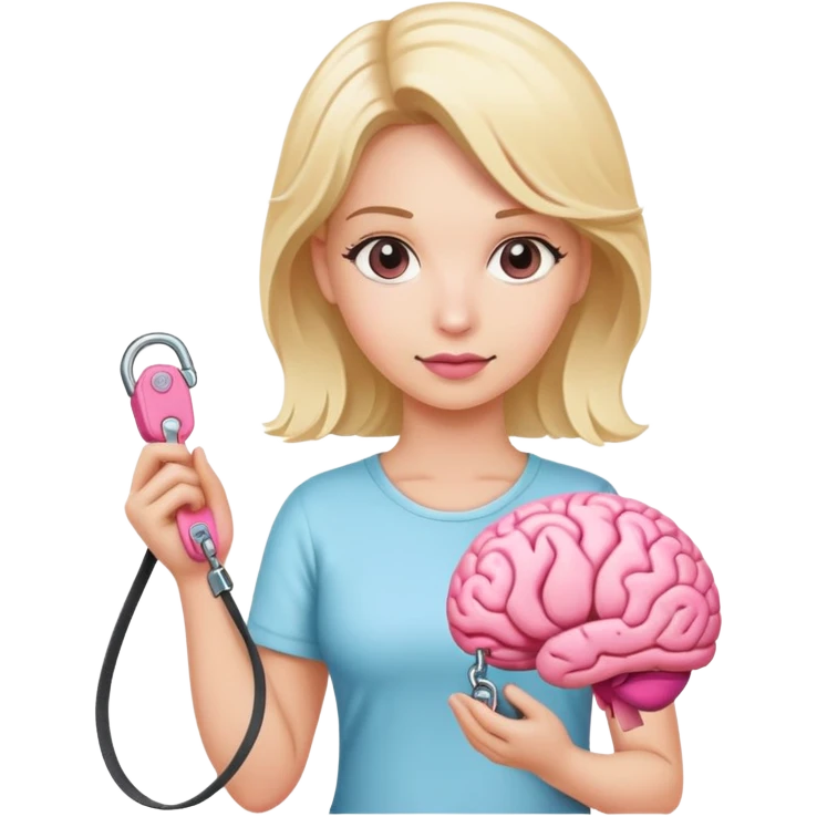Blond woman holding a leash with a Pink brain on the end of it emoji