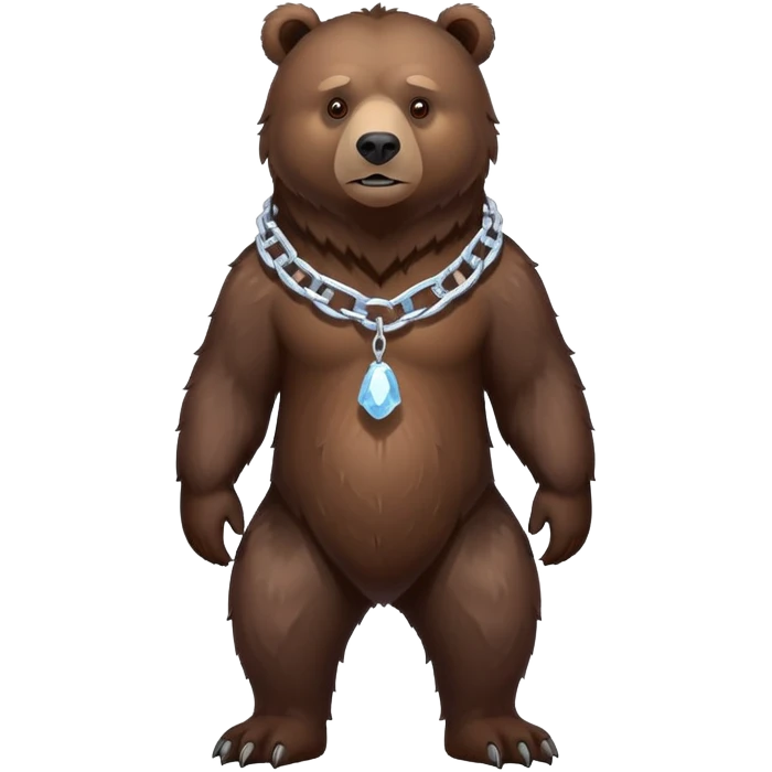 Dark chocolate brown grizzly bear shown from head to tail, standing on four legs, realistic appearance, serious face, ice chain collar, complete body emoji