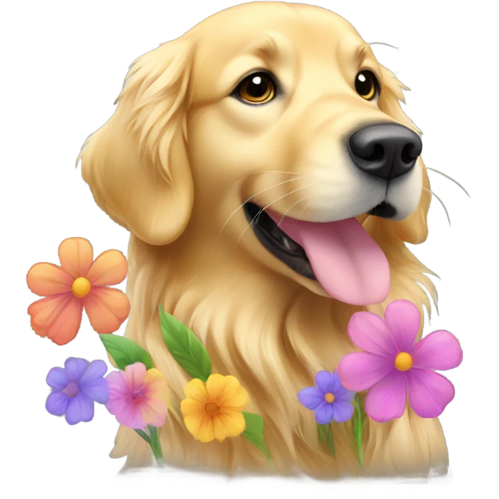 Golden retriever smelling flowers emoji