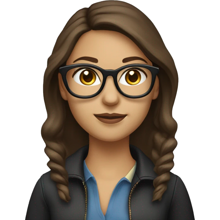 character with lightly tanned fair skin,  She is wearing wayfarer-style glasses with a black upper frame and has small gold hoop earrings. The character is a female IT developer brown hair,blue eyes. Her dark brown hair working with a MacBook
 emoji