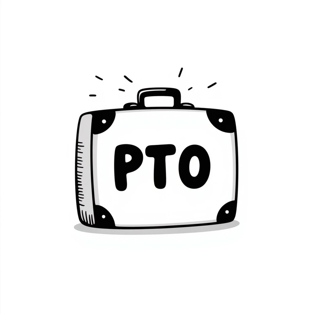 emoji with the text 'PTO' and a suitcase hand-drawn doodle style emoji