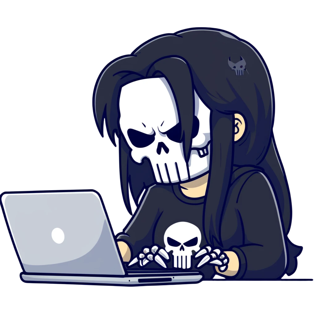 girl Punisher skull with straight long black hair typing on laptop emoji