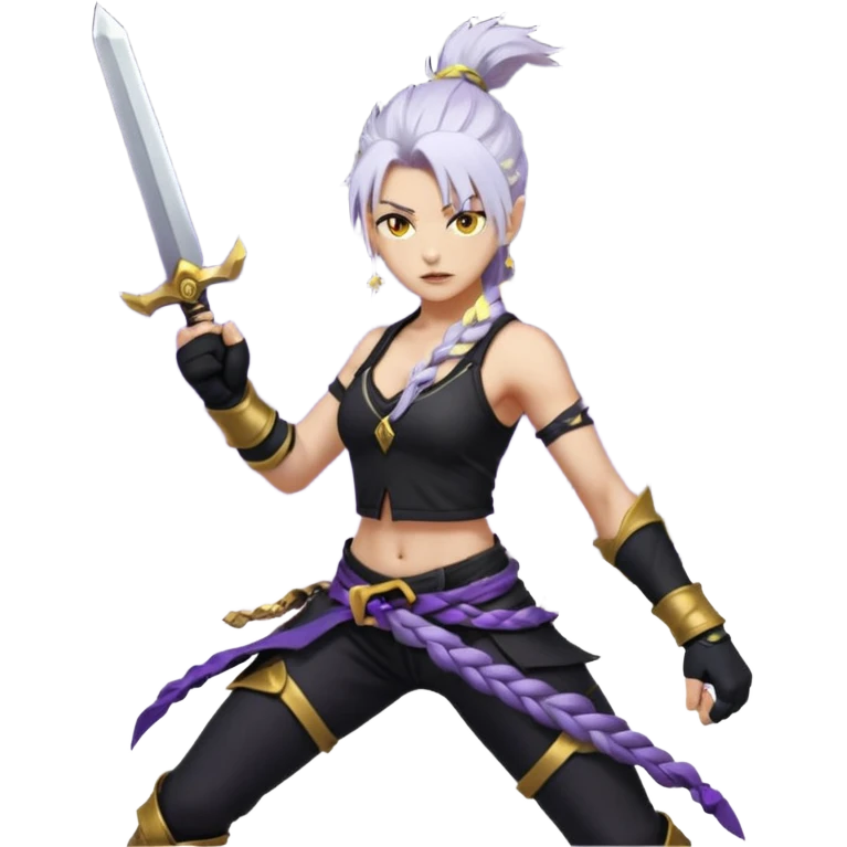 A sword maiden, mohawk, long braid white hair with lavender and tips long messy bangs one side, gold yellow eyes, black crop top, with both fighting gloves up in defensive ready pose, delivering a lightning quick vertical upwards front kick with volcanic force emoji
