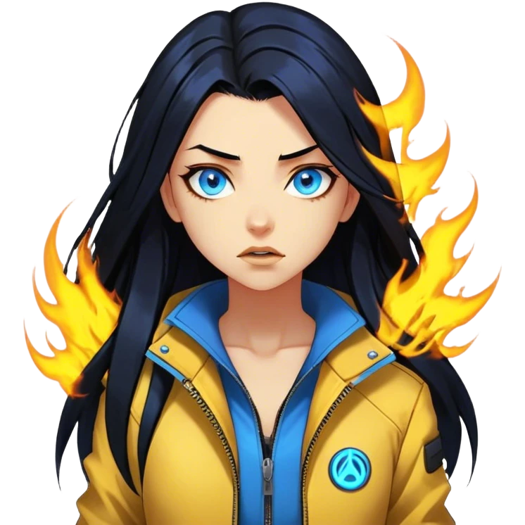 Long Black hair cyberpunk 2077 chibi girl with blazing blue eyes and yellow jacket from the animation show cyberpunk edge runners. All emotion reactions emoji