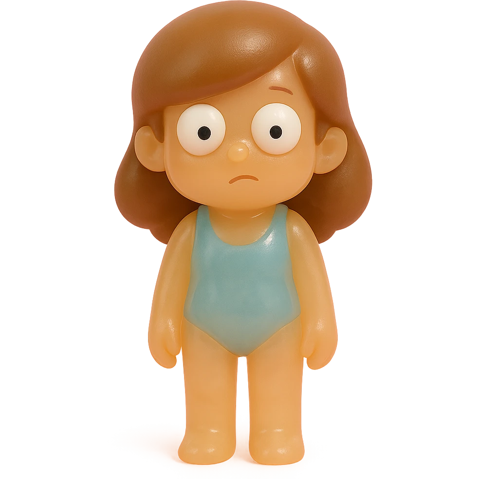 Make the beach girl very transparent and slightly see-through with a natural tan skin tone and brown hair. She should have very derpy, oversized white eyes with small black pupils looking in different directions. She wears a simple blue one-piece swimsuit and stands in a neutral pose. The figure is much smaller in the frame so her entire body is visible with no cropping. The style is retro 90's toy style: soft plastic texture, soft reflections, soft and squishy appearance, some cloudiness, not shiny, highly detailed, and appealing. No suggestive details, no tag, and no background. emoji