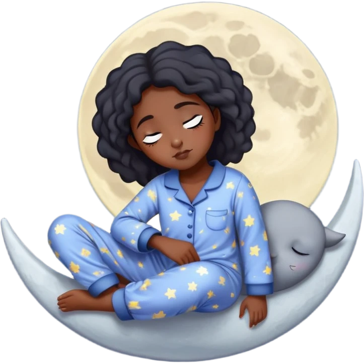 sleepy black girl on white moon in pajamas  emoji