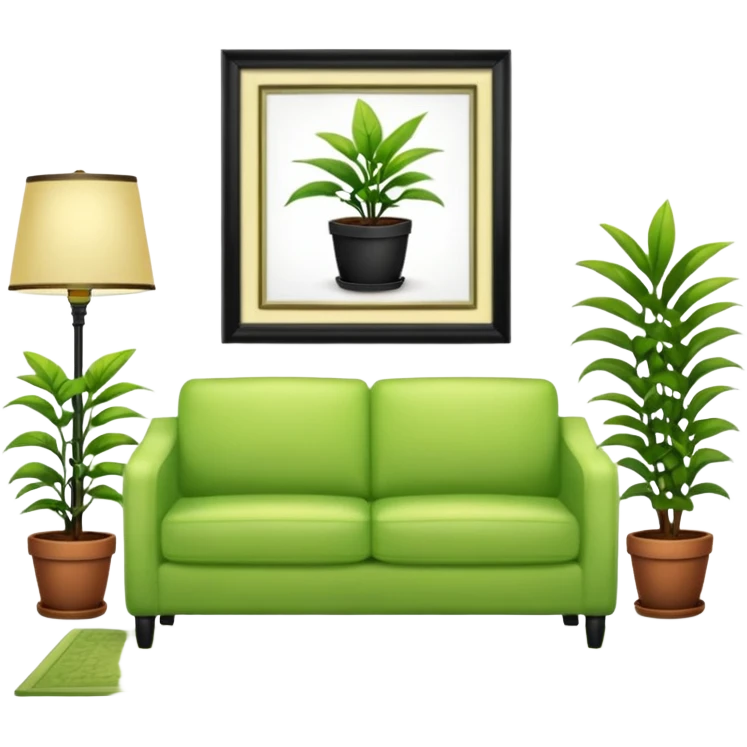 living room in ios emoji style

no TV, and make the couch a light green color

there is a lamp on one side and one plant on the other side. and no picture frame

there is a light colored rug emoji
