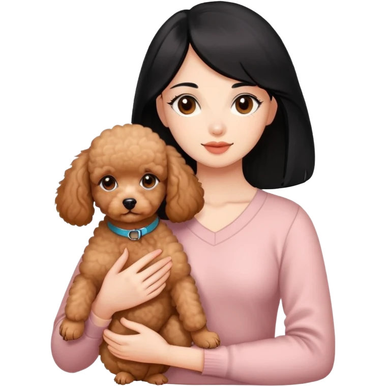 woman with  black straight hair and brown  eyes is holding a apricotpoodle puppy emoji