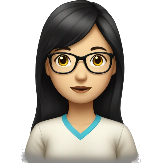 Asian girl with long black hair and glasses studying emoji