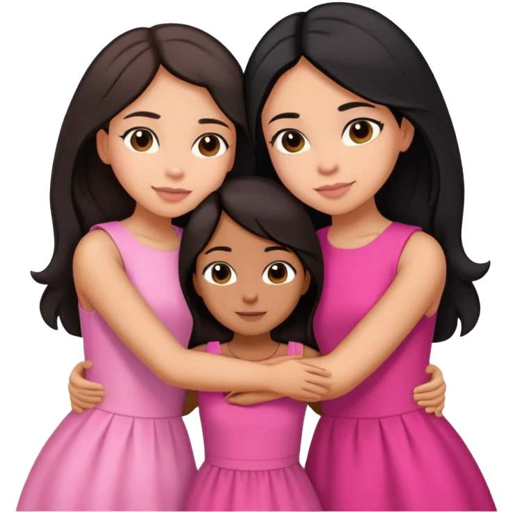 Three sisters hug, light skin with long dark brown hair, tan skin long black hair, tan skin dark brown short hair, pink dresses emoji