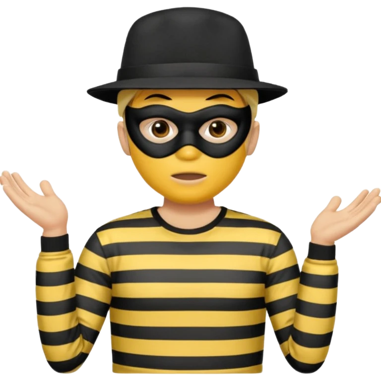 Shrugging shoulders emoji but wearing cliche robber outfit not holding any money, emoji yellow skin tone male emoji