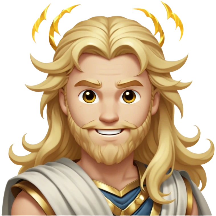Cinematic Realistic Thor Portrait, head tilted dramatically with an exaggeratedly amused expression, featuring lively, twinkling eyes and a subtle, roguish grin. His fair, radiant skin and long, wavy golden hair, rendered with classical precision, complement his draped white toga adorned with delicate golden details and mythic lightning hints, all brought to life with dynamic lighting that captures both his divine power and playful, approachable charm. emoji
