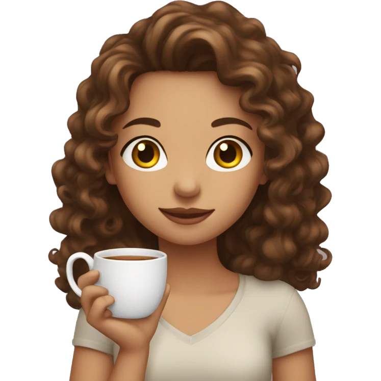 girl with small brown eyes and long brown curly hair holding a tea mug emoji