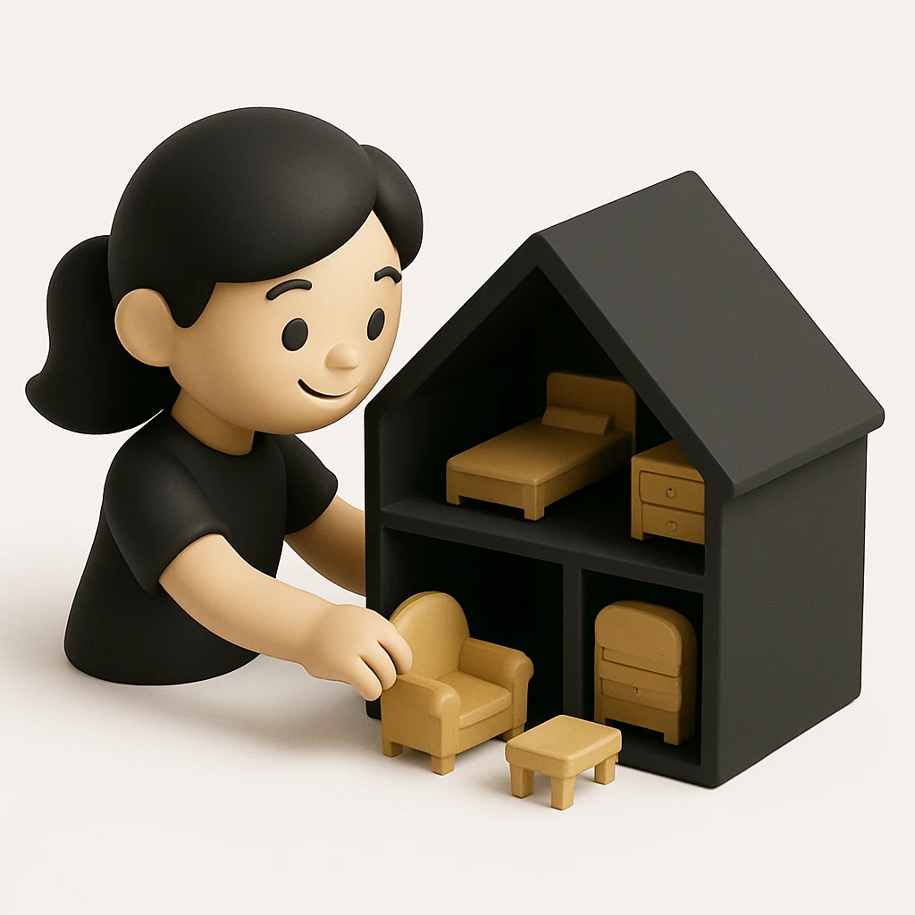 smiling girl arranging furniture in doll house emoji