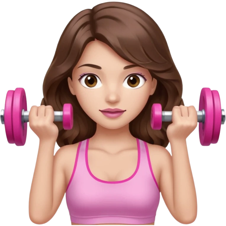 girl with wavy long brown hair, brown eyes, light to medium complexion, long lashes, light pink lipstick, wearing light pink shirt, lifting a pink dumbbells in a sports top emoji