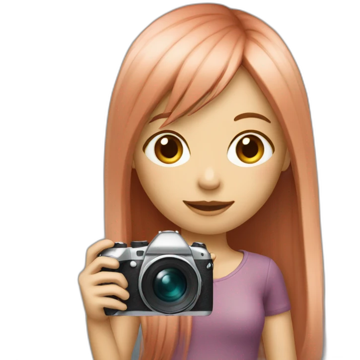 girl with long, straight rose hair and fringe and holding camera emoji