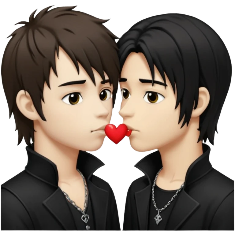 Goth Boys, one goth boy pale with shaggy brown hair the other a goth boy tan with long black hair, kissing emoji