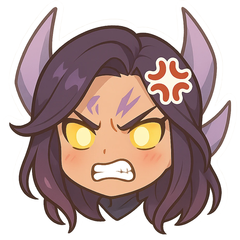 Kaisa from League of Legends, angry emote, chibi style, only head, with glowing eyes emoji