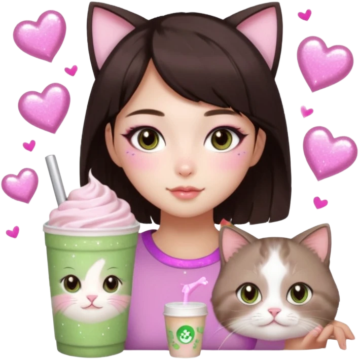 asian girl with short dark brown hair and dark brown eyes with a soft girl pink glowup aesthetic, matcha latte, 2 light brownragdoll cats, and sparkles, makeup, and money emoji