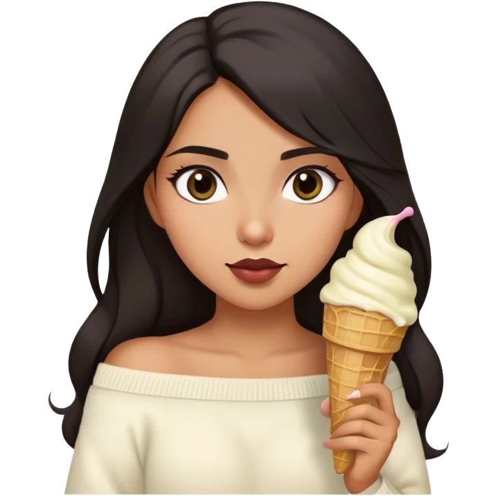 Latina girl with dark long hair and dark eyes and olive skin wearing white off shoulder sweater with ice cream cone  emoji