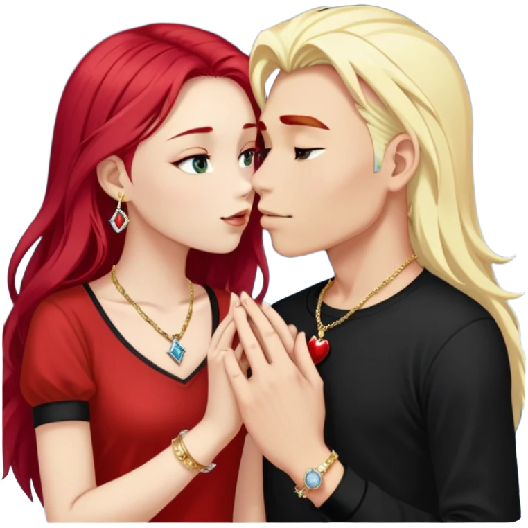 young 20 year old couple kissing, girl with long cherry red hair and blonde eyebrows wearing gold necklace with letter A, diamond gold ring, red bracelet and light clothes, boy with pure snow white hair wearing dark t-shirt and silver ring with black stone emoji