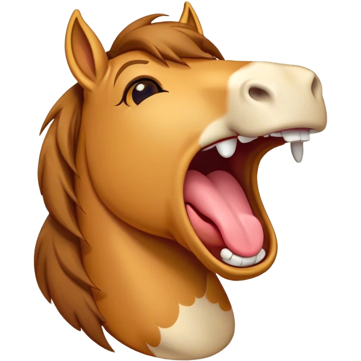 Cinematic Cute Yawning Bay Horse Portrait Emoji, Head tilted slightly with a dramatic, wide-open yawn, revealing a smooth bay fur with a subtle luster, floppy ears slightly drooping, round amber eyes barely open in drowsy contentment, Simplified yet irresistibly adorable features, highly detailed, glowing with a soft, cozy glow, high shine, relaxed yet expressive, stylized with a touch of equine whimsy, bright and endearing, soft glowing outline, capturing the essence of a sleepy yet affectionate horse, so drowsy it feels like it could stretch out of the screen and curl up for a nap! emoji