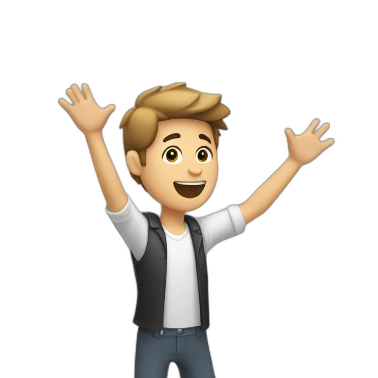 a guy who puts one arm in the air at his chin and another arm in the air that follows the movement emoji
