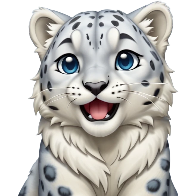 Cinematic-Cute-Yawning-Snow-Leopard-Portrait-Emoji – Head tilted slightly with a dramatic, wide-open yawn, revealing a plush white-and-grey coat with dark rosettes, fluffy ears slightly twitching, round icy blue eyes barely open in drowsy contentment. emoji