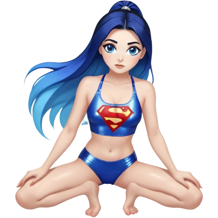 very very very large upper body-gorgeous face-on knees sexy pose-very long very straight flowing dark blue to light blue hair ombre high ponytail and-blue eyes-black eyeliner-long eyelashes-iridescent bikini top with glitter superman logo-overall shorts emoji