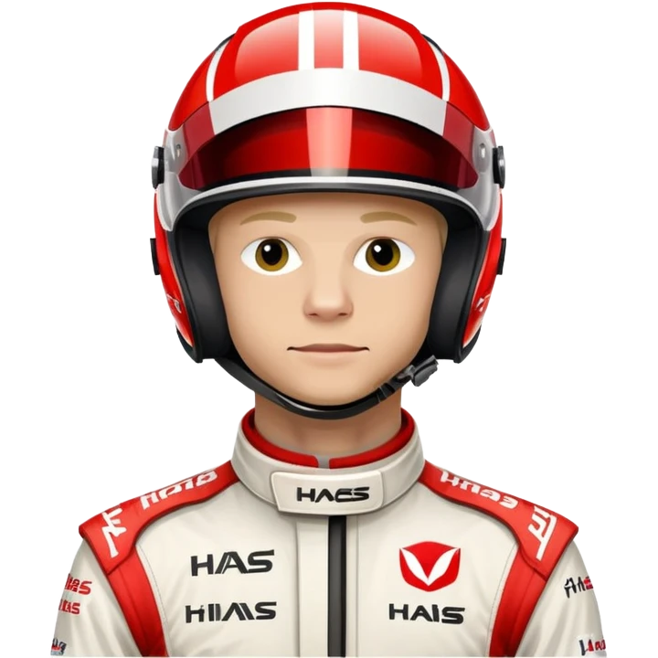 Kevin Magnussen, Formula 1 driver for Haas team, wearing white and red Haas racing suit and helmet emoji