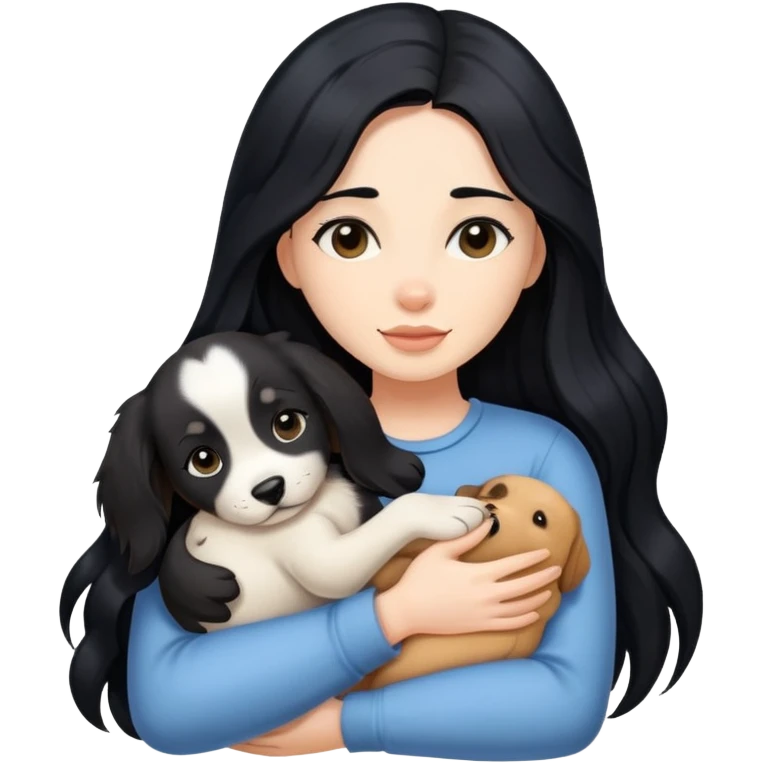 A woman with long black hair hugs a puppy tightly emoji