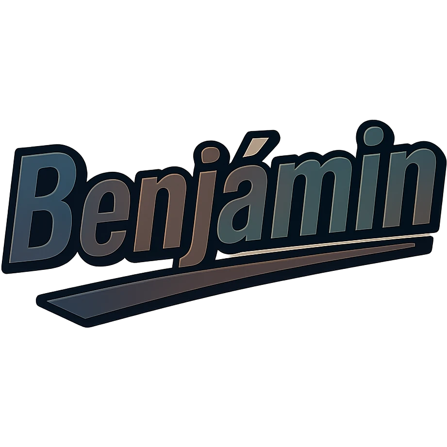 Benjámin name in masculine, modern gradient font with dark contour and thin white edging, dynamic slanted underline, masculine color shades (blue, gray, burgundy, green, brown), 1000x1000 px, PNG, transparent background, in the style of the uploaded Attila sample emoji