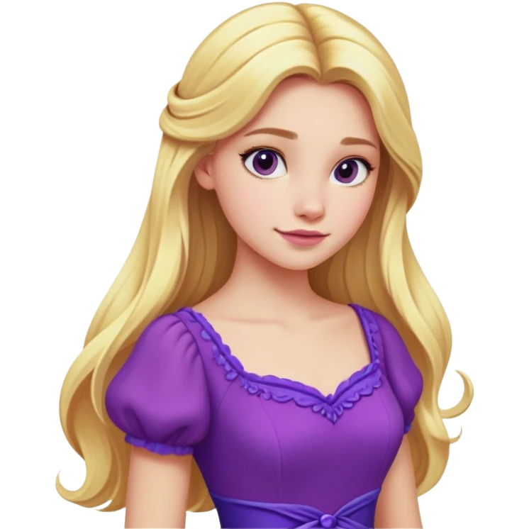 portrait of a young woman, long blonde hair, purple dress, Disney style, soft lighting, vibrant colors, 8k, high detail emoji