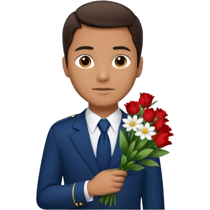 Homme avec bouquet fleurs blanches, avec uniforme bleu foncé cravate rouge, arabe raie sur le coté, brun un peu bronzé et yeux marrons  emoji
