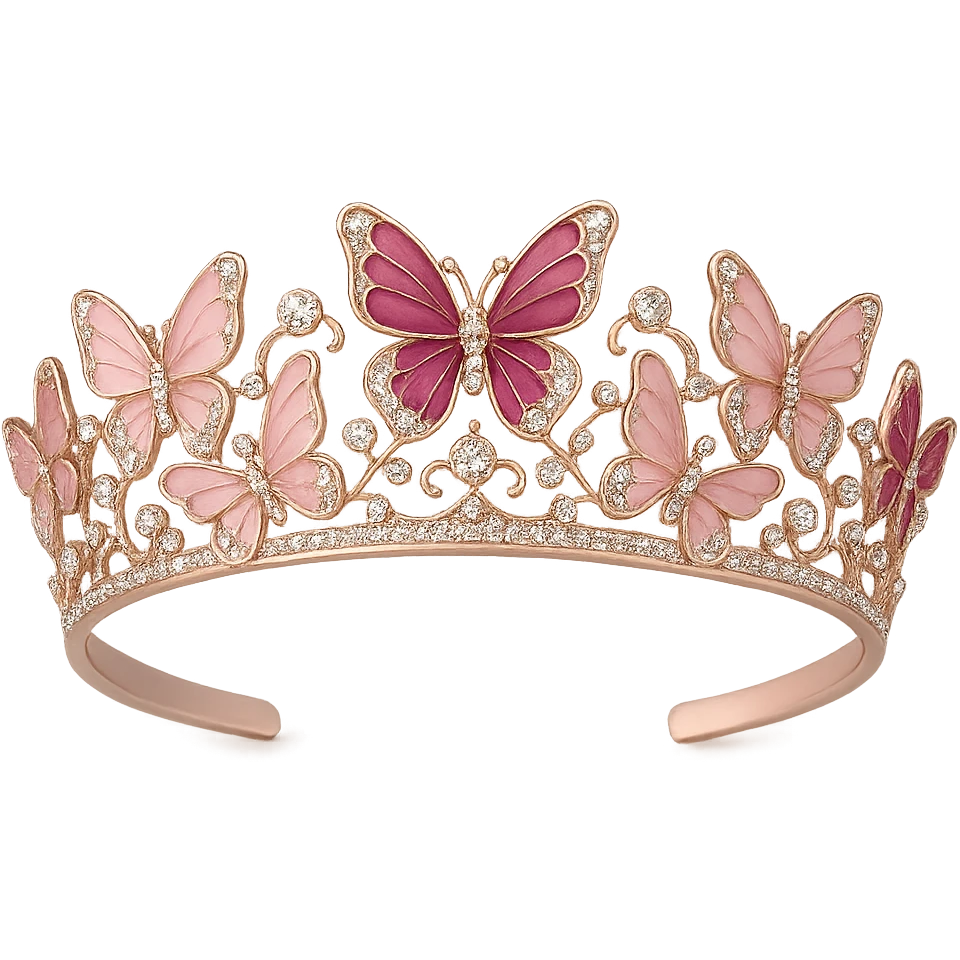 butterfly crown with a soft pink base, butterflies in light and dark pink enamel, sparkling gems, transparent background emoji