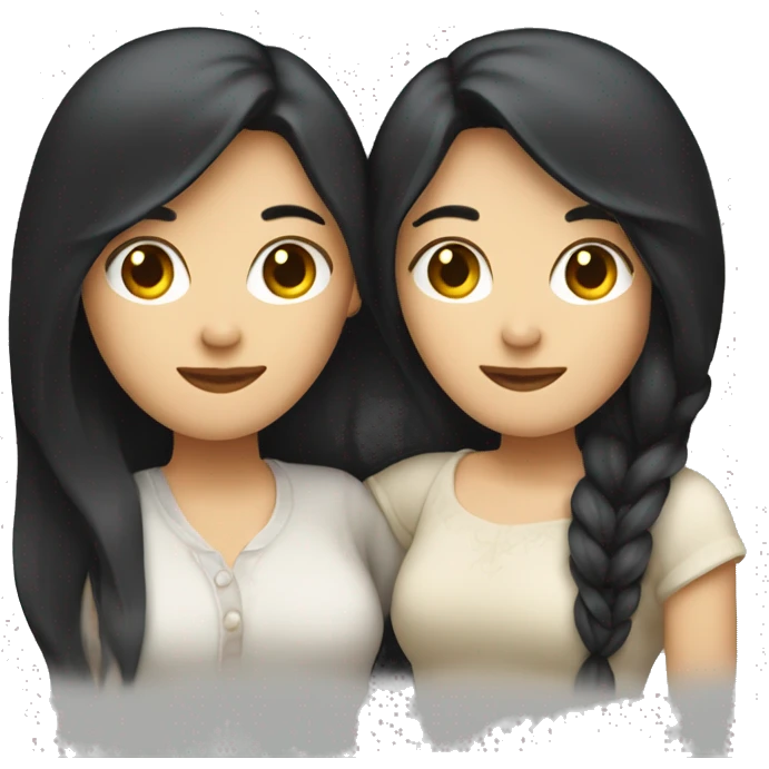 A lesbian couple with white skin and long black hair hugging intimately emoji